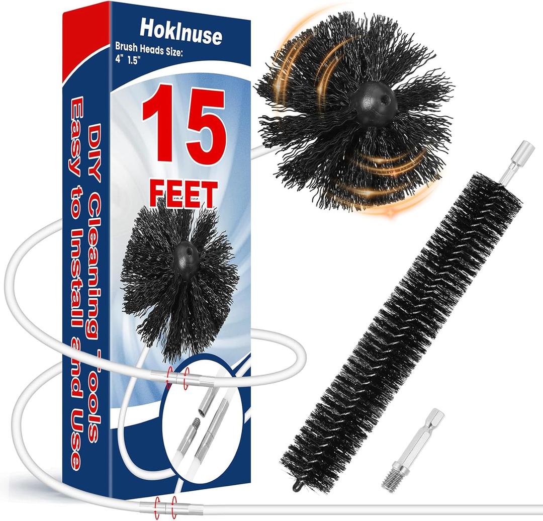 HOKLNUSE Dryer Vent Cleaner Kit Ducts Cleaning Kit for Dryer Air Duct HVAC Vent Fireplace Chimney Pellet Stove Gutter Downspout Dryer Vent Lint Removers with 1.5"&4" Brush Heads (15Feet)