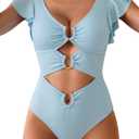 B2prity Women One Piece Swimsuit Tummy Control Ruffle Sleeve V Neck Bathing Suit Cutout Sexy High Waisted Monokini (Blue, XL)