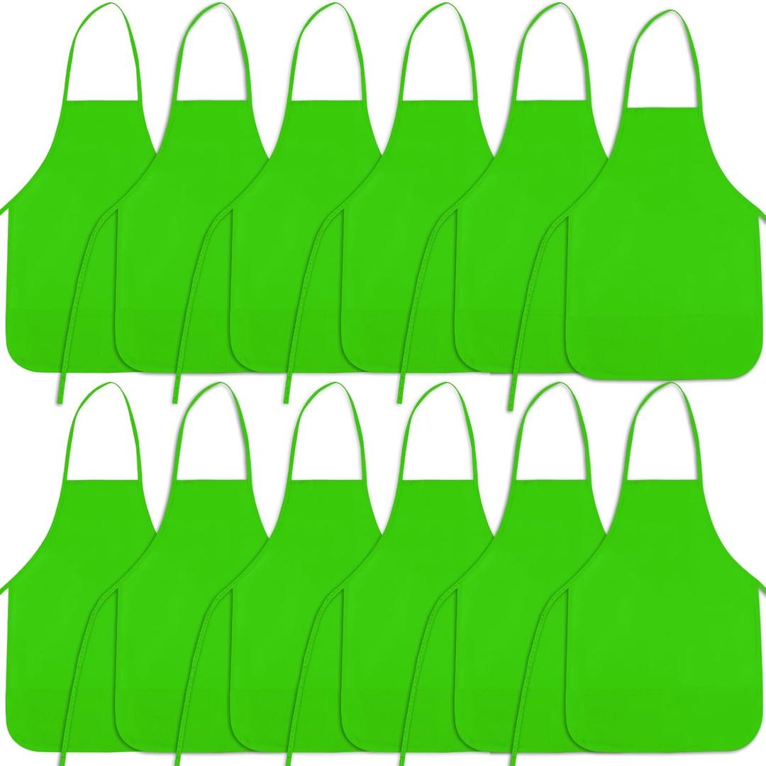 12 Pieces Green Kids Painting Aprons With 2 Roomy Pockets for Art, Activity, Kitchen, and Crafts (13 x 19 inch)