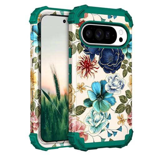 Hocase for Google Pixel 10 Case, Shockproof Heavy Duty Protection Hard Plastic+Silicone Rubber Bumper Hybrid Protective Case for Google Pixel 10/10 Pro 6.3" 2025 - Teal Flowers