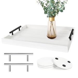 SXNOWS Coffee Table Tray - Large Ottoman Tray for Living Room - Wood Serving Tray with 2 Sets of Handles - Wooden Tray for Coffee Table, 4 Round Coasters Included, White