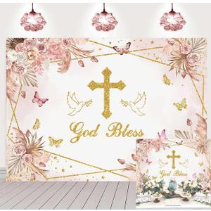 God Bless Backdrop Boho Floral Baptism Background First Holy Communion Party Decorations Background Christening Newborn Baby Shower Banner Photoshoot Props (8x6FT240x180cm)