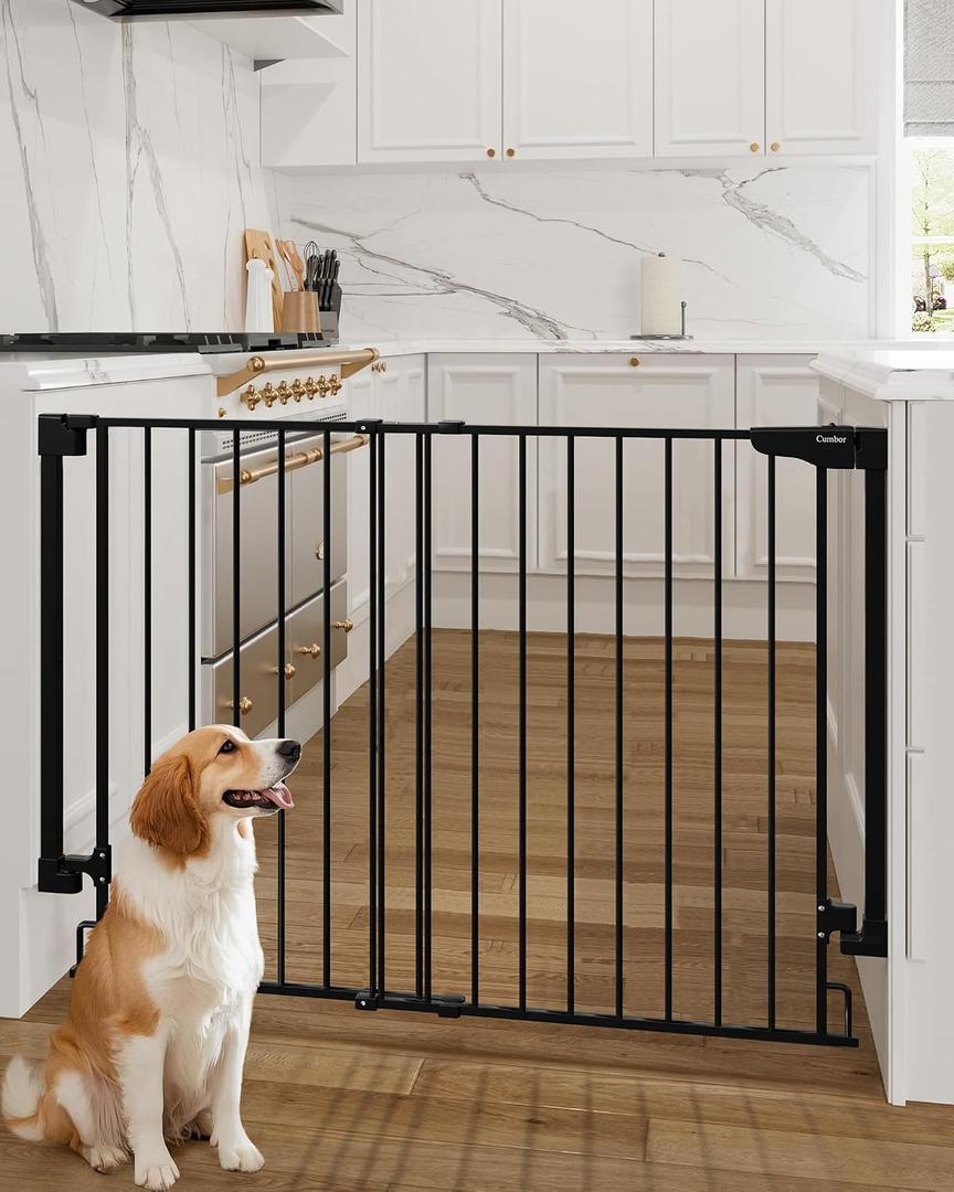 Cumbor 34" Extra Tall No Bottom Bar Baby Gate for Stairs, Hardware Mounted Dog Gate Indoor for Larger Pets, Expandable 31.6-48" Safety Gate for Doorways, Wide Walk Thru Door for Easy Access (Black)