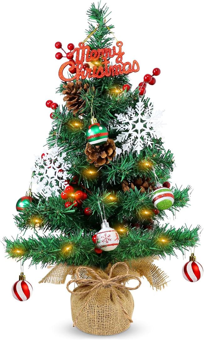 23.6 Inch Mini Tabletop Christmas Tree with Lights- Artificial Small Christmas Tree with 30 LED Lights & DIY Ball Ornaments Red Berries Pine Cone for Xmas Holidays Table Mantle Decor