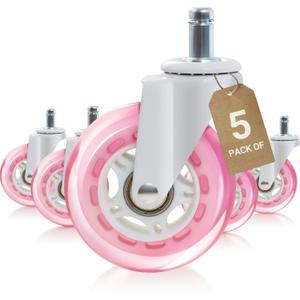 Pink Office Chair Caster Wheels Set of 5, 3 Inch Heavy-Duty Rubber Chair Casters Replacement, Computer Gaming Desk Caster Wheels Smooth Rolling for Hardwood Carpet Tile Floors, 11 * 22mm Universal fit