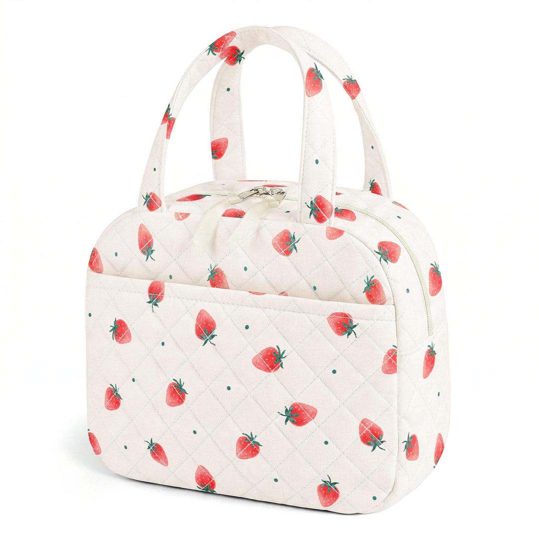 WOBAGMEN Quilted Lunch Box for Women,Coquette Aesthetic Lunch Box for Teen Girls,Cute Strawberry Lunch Bags for Work, School,Office,Picnic,Travel (Strawberry)