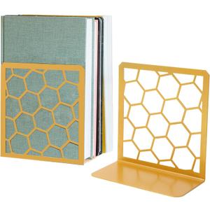 GEOMOD Geometric Honeycomb Gold Metal Bookends Decorative - Tall Sturdy Book Ends for Shelves - Modern Heavy Duty Bookend Stopper - Office or Home Book Shelf Book Holder - 6x3.25x6.25 Inches - 1 Pair