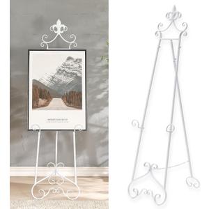 60 H White Easel Stand for Sign, Large Adjustable Metal Display Standing for Displaying Pictures Wedding Poster Holder Showcasing with Chain Support