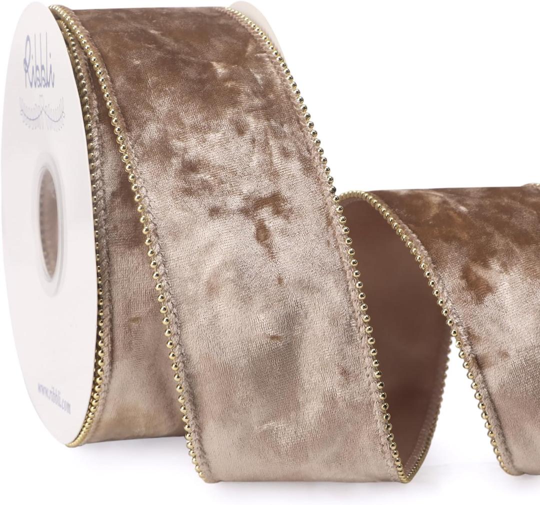 Ribbli Camel Crushed Velvet Wired Ribbon with Beaded Pearl Edge, 2-1/2 Inch 10-Yard for Gift Wrapping Christmas Tree Decoration Crafts Wreaths Supplies