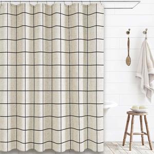 WOUVMA Farmhouse Plaid Shower Curtain Beige Linen Shower Curtains for Bathroom Natural Black Pattern 72 x 72 Inch