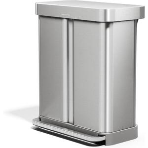 simplehuman 58 Liter / 15.3 Gallon Rectangular Hands-Free Dual Compartment Recycling Kitchen Step Trash Can with Soft-Close Lid, Brushed Stainless Steel