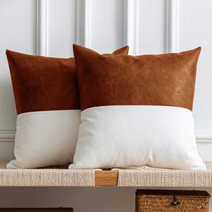 DEZENE Leather Throw Pillow Covers, Set of 2 Modern Leather/Cotton Decorative Pillowcases for Home Decor Bedroom Living Room Couch Bed Sofa, 20x20 Inch, Cognac-Brown and White (20" x 20" (Pack of 2), Cognac Brown)