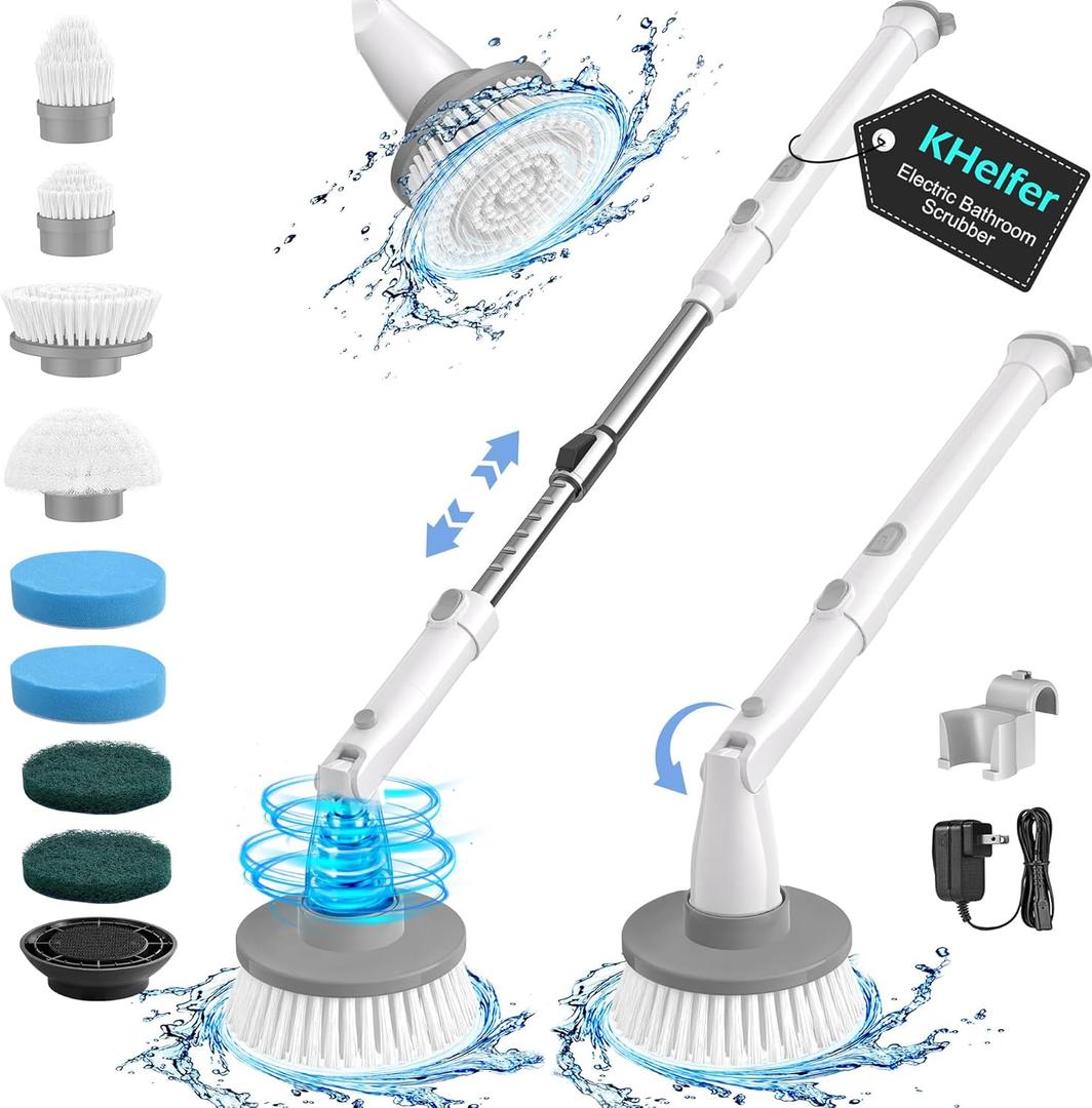 kHelfer Electric Spin Scrubber Kh8, Upgrade Cordless Shower Scrubber 8 Replacement Head, 1.5H Bathroom Scrubber Dual Speed, Shower Cleaning Brush with Extension Arm for Bathtub Tile Floor (Pearl White)