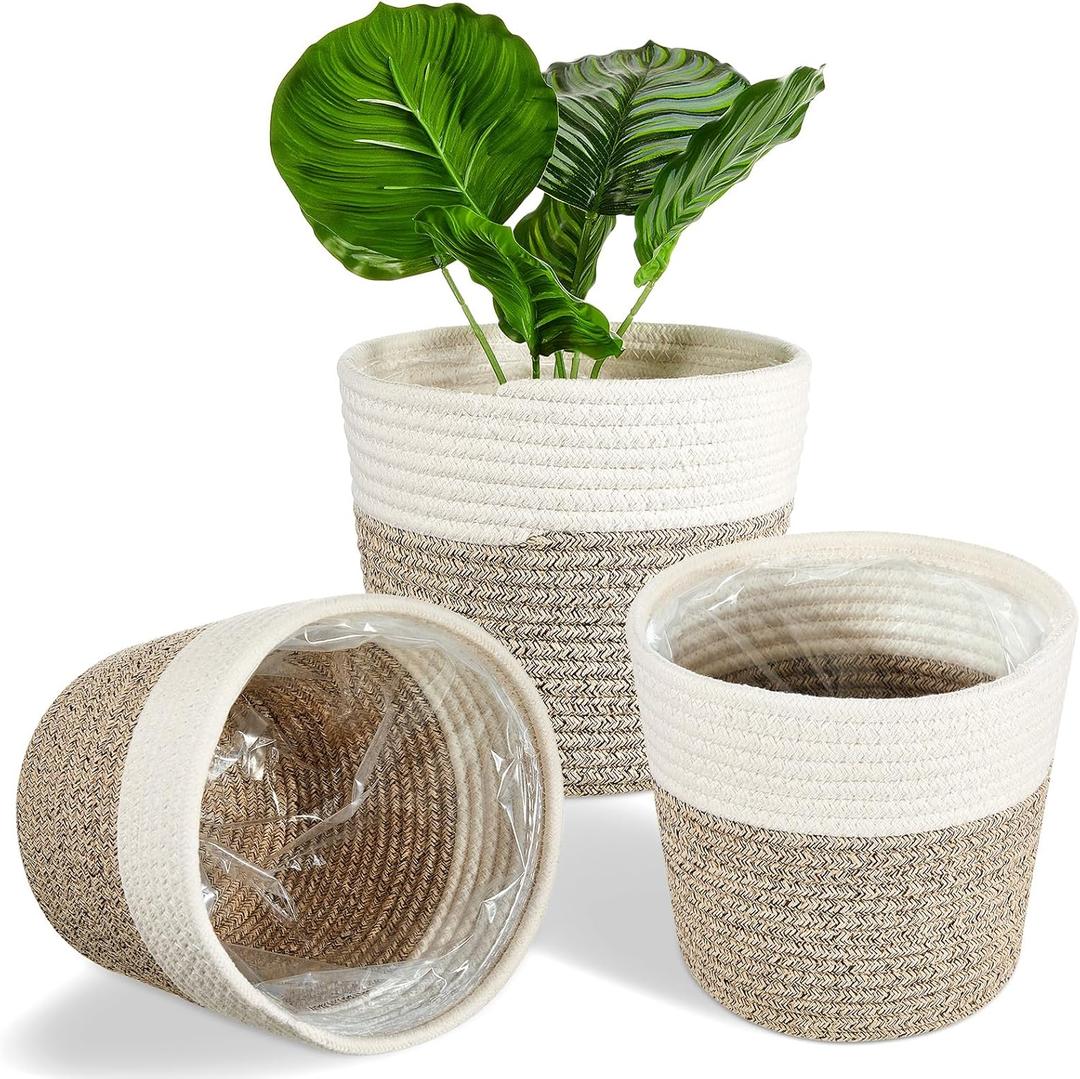 FoldTier 3 Pcs Cotton Rope Plant Basket with Plastic Liner Rustic Plant Basket Planters Modern Woven Decorative Pots for Home Flower Indoor Storage Decor, 7.5 x 6.5 Inches(White, Beige)