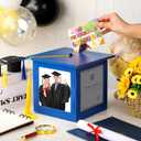 Menkxi 2026 Wooden Graduation Card Box Holder for Party with Picture Frame Graduation Cap Shaped Gift Card Box Decorations with Tassel for Grad College Party Favors(Blue)