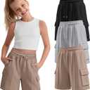 3 Pack Girls' Bermuda Cargo Shorts with 4 Pockets Knee Length Drawstring Wide Leg Casual Sweat Shorts (7-8 Years, Khaki, Light Heather Gray, Black)