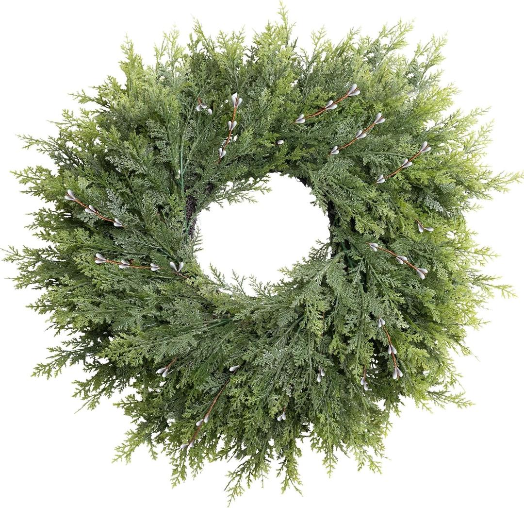Christmas Cedar Wreath 26inch Large Christmas Wreaths for Front Door with White Berry Wreaths Winter Door Wreath for Window Holiday Fireplace Indoor Outdoor Xmas Decor