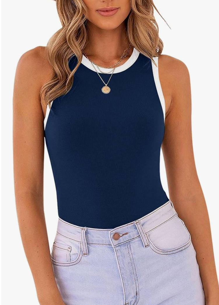 MISSJOY Women's Basic Sleeveless Racer Back Halter Neck Ribbed Bodysuit Tank Tops, Medium, Navy Blue 
