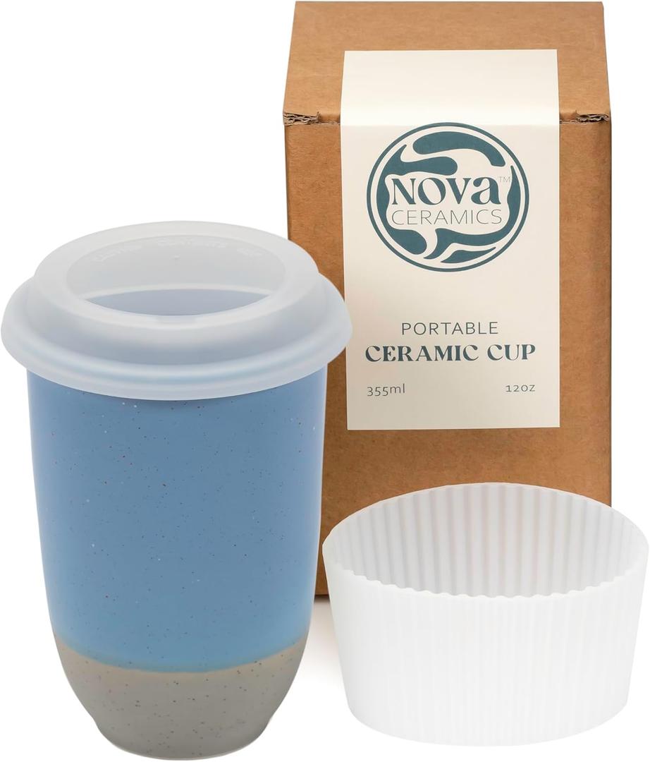 NOVA CERAMICS Travel Mug - Ceramic Coffee Mug With Lid Microwave & Dishwasher Safe Coffee White & Grey Tumbler - Fits In Cup Holder 12oz Coastal Drift