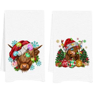 Christmas Highland Western Cow Gifts Kitchen Towels 2 Pack, Farmhouse Cows Hand Towels for Bathroom Decor, Highland Cow Dish Tea Towels for Kitchen Gifts for Cows Lovers 16 x 24 in