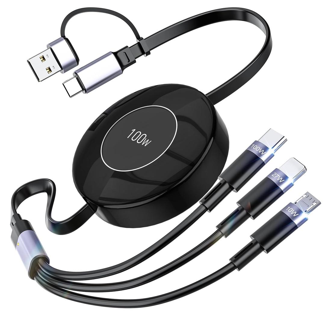 3-in-1 Retractable Multi Charging Cable, 100W USB-C/A to Lightning/USB-C/Micro Fast Phone Charger Cord for iPhone 16, iPhone 15, Samsung, MacBook, iPad (Black)