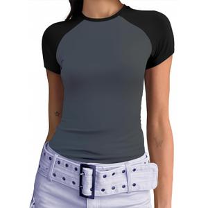 Abardsion Trendy Baby Tees for Women Y2K Shirts Cute Short Sleeve Crewneck Slim Fit Going Out Tops (Small, Dark Grey & Black-sleeve)