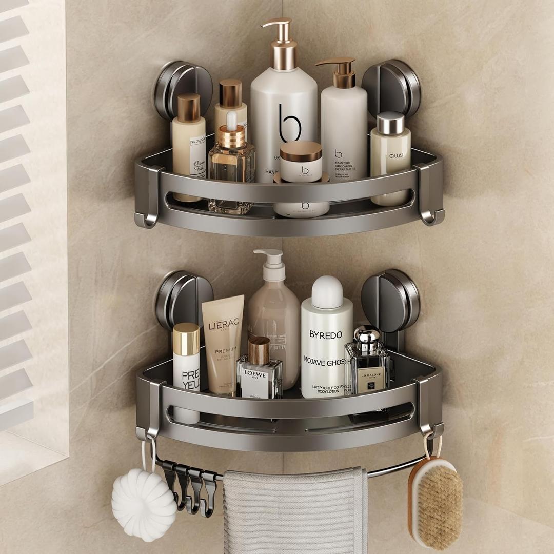 VOLPONE Corner Shower Caddy Suction Cup, 2 Pack Shower Shelves No Drilling, Showers Organizer Storage with Towel Bar & Removable Hooks, Bathroom Shower Shelf Rack for Inside Showers