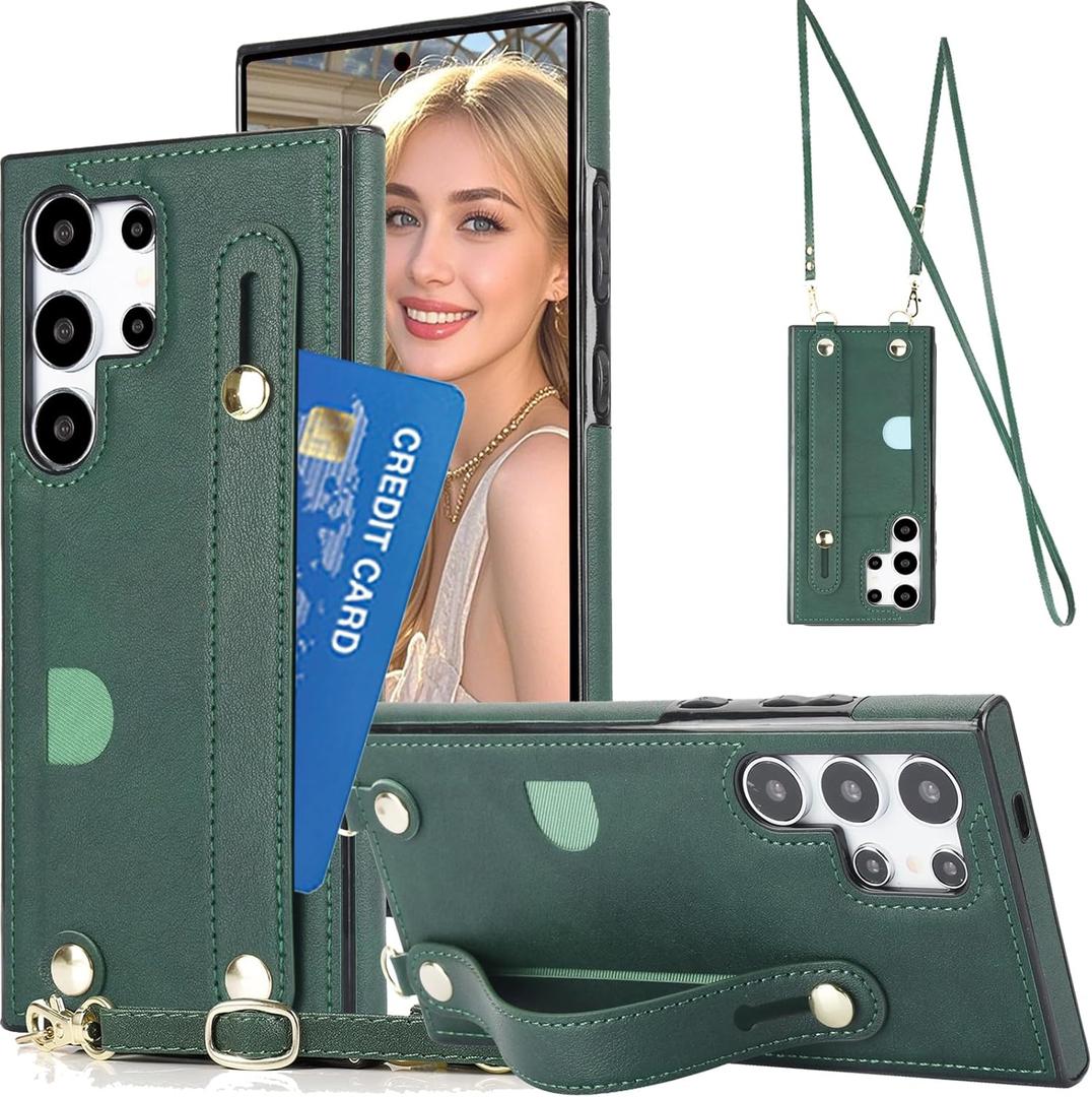 Samsung Galaxy S24 Ultra Crossbody Case with Card Holder & Wrist Strap, PU Leather Cover with Adjustable Shoulder Lanyard & Wristband for Galaxy S24 Ultra XK-Green