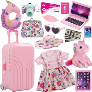 18 Inch Doll Suitcase Travel Luggage Play Accessories, Doll Clothes Accessories Carrier Storage Set, Case, Hat, Sunglasses, Camera, Pillow, Toy Pet