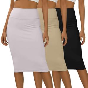 Real Essentials 3 Pack: Womens Soft Midi Skirt – High Waisted Pencil Work Office Business Casual Skirts with Back Slit Plus (M)