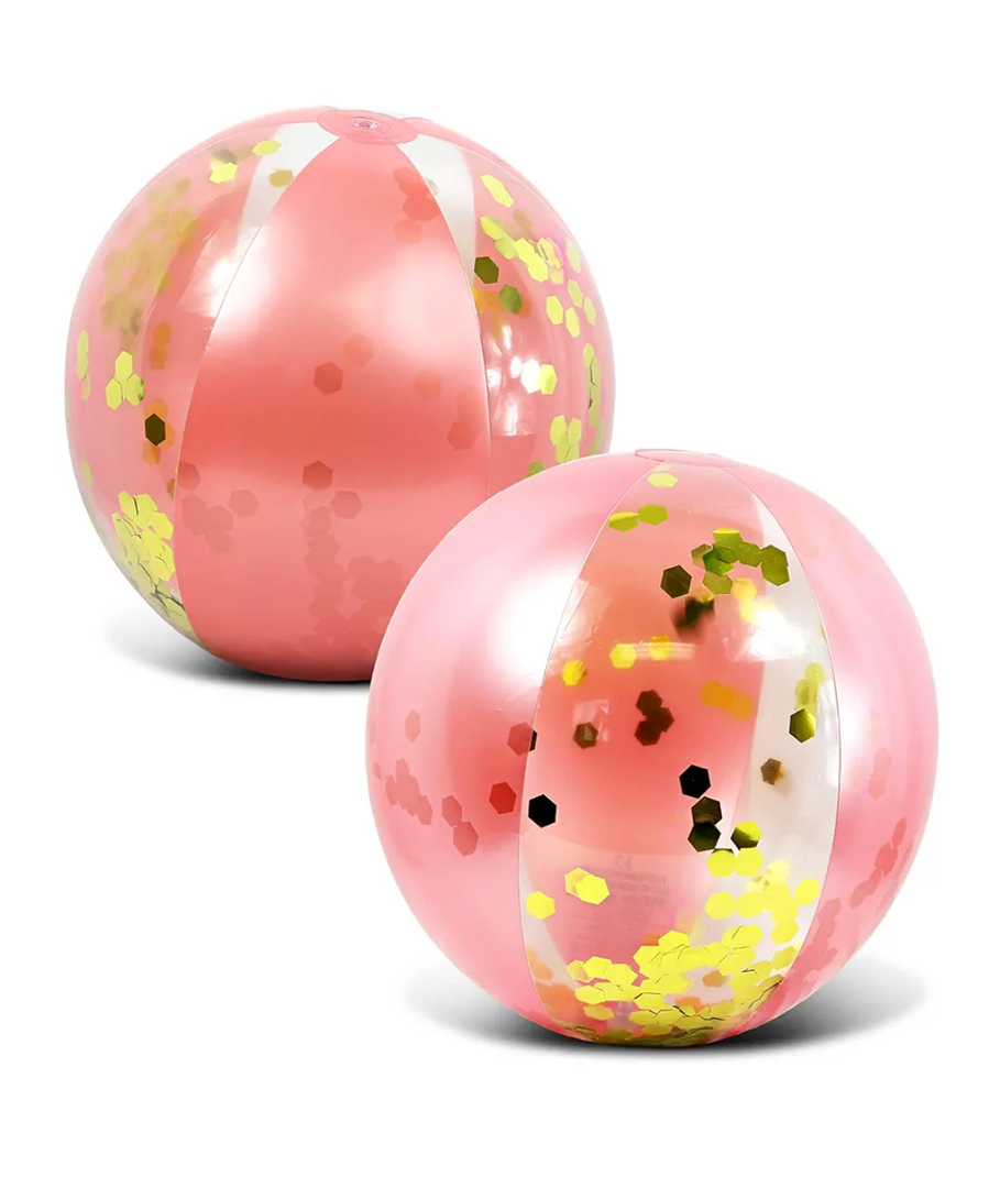 POZA Inflatable Beach Balls Set of 2 - Elegant Glitter Confetti Premium Floaters, Heavy Duty Vinyl Floatation Toys for Beach Party, UV Resistant Pool Decor - 16 Inches - 2 Pack