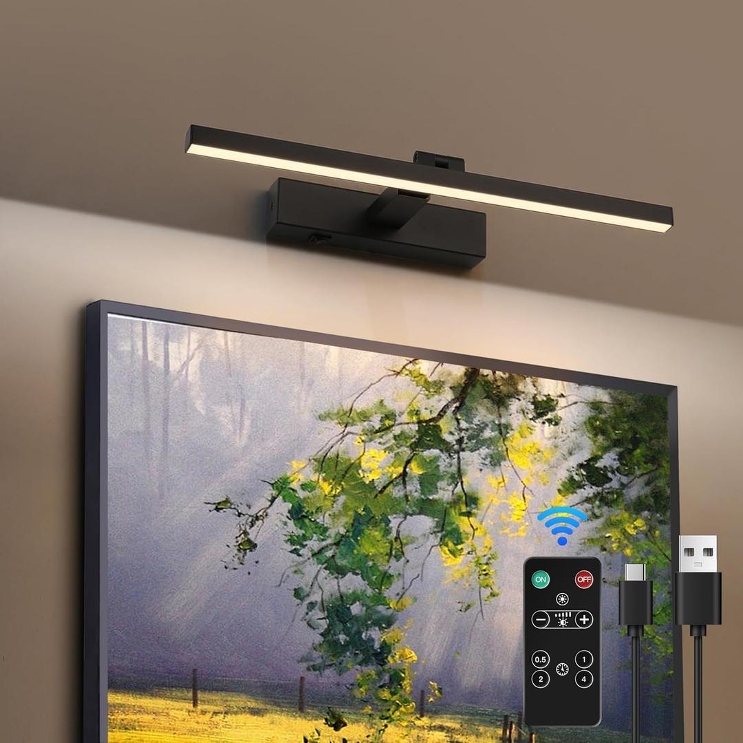 Black Picture Lights for Wall Dimmable Wireless Picture Lights for Paintings Dual-Rods Swing Arm LED Wall Light Fixtures Adjustable Wall Sconce with Remote (Black, 20inch) 3000K