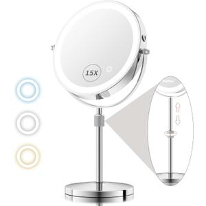 15X/1X Lighted Makeup Mirror with Magnification, 8 Rechargeable Magnifying Mirror with Lights, Adjustable Brightness Light Up Table Mirror with Adjustable Height, 360 Rotation Vanity Makeup Mirror