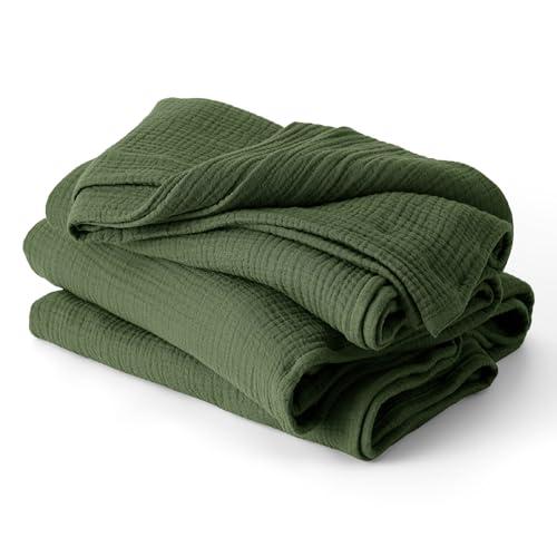 Bedsure 100% Cotton Muslin Blanket Queen Size for Bed - 4-Layer Breathable and Lightweight Thin Soft Summer Gauze Muslin Blankets for Adults, Olive Green, 90x90 Inches