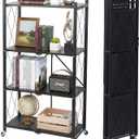 4 Tier Foldable Storage Shelf with Wheels, Collapsible Metal Rack Shelving Unit, No Assembly Required, Rolling Cart Shelf Rack Organizer for Books, Garage, Kitchen, Closet, Pantry, Exhibition, Black