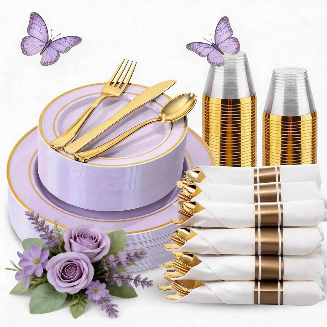 WDF Partyware 175PCS Purple Plates Disposable - Lavender Plastic Plates 25Guests Plastic Dinnerware with Rolled Napkins for Birthday/Spring/Baby Shower/Mother's Day