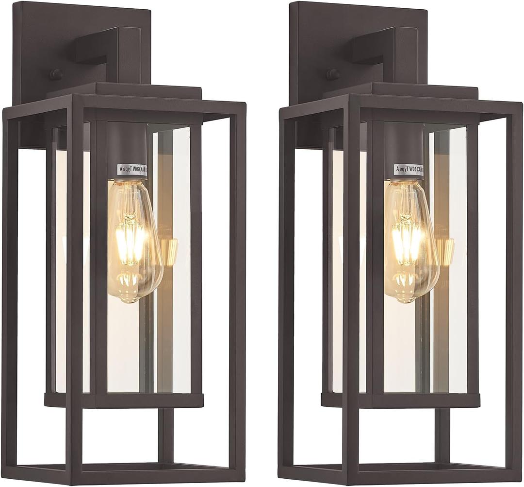 18" Outdoor Wall Light Fixtures Waterproofed Exterior Lantern W/Sturdy Rectangular Double Cage In Old Rust &Clear Tempered Glass,Sconce Mounted For House Patio,Front door,Porch,Garage Lighting 2Pack