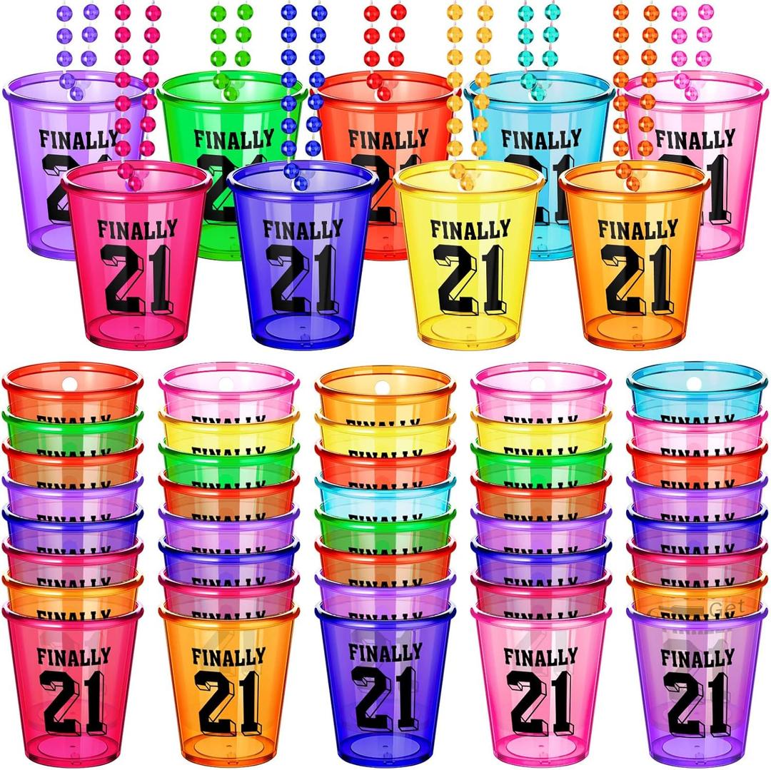 Janmercy 27 Pieces 21st Birthday Shot Glass Necklace Cups Shot Glass on Beaded Necklace Plastic Party Colorful Drinking Cups for Adults Birthday Party Supplies Favors, 9 Colors