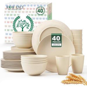 Homienly 40 PCS Dinnerware Set Service for 8, Kitchen Wheat Straw Dinnerware Set Unbreakable - Plates Set, Bowls Set,Cups Set, Microwave and Dishwasher Safe Dish Set for Dinner, Outdoor(Beige)