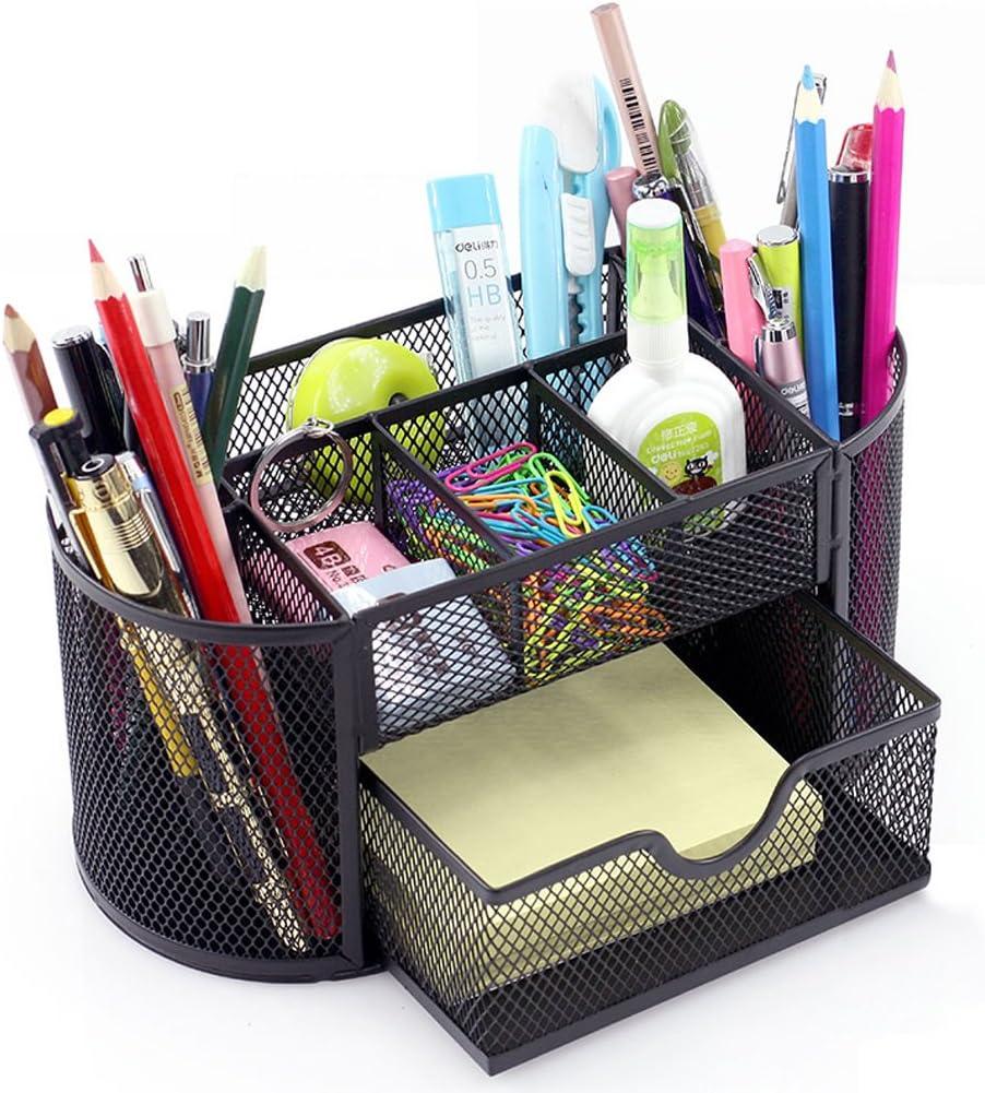 Desk Supplies Organizer Multi-functional Stationery Caddy Mesh Oval Pencil Holder Desk Office Supplies Organizer 9 Compartments with Drawer for Note Pads Black