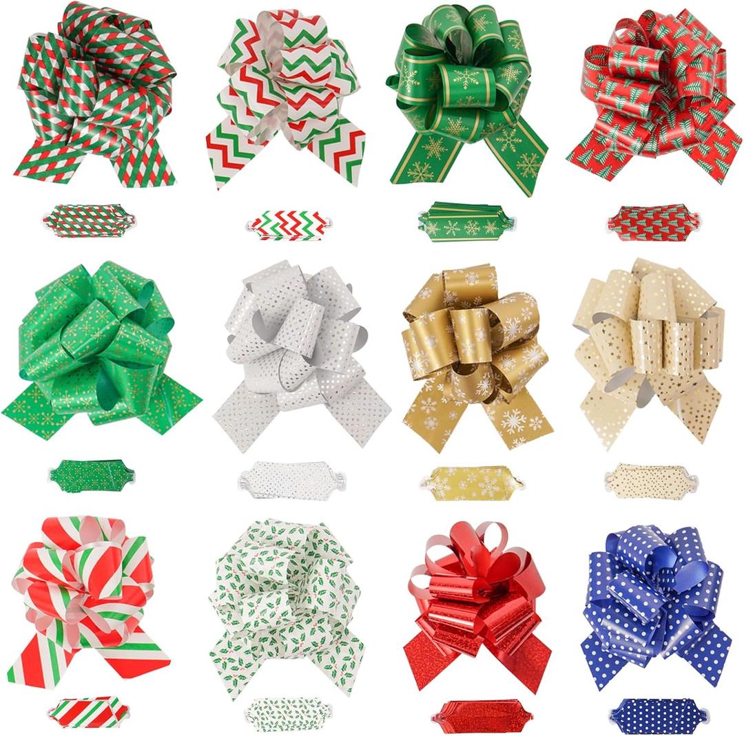 24 PCS Wrap Ribbon Pull Bows, 12 Designs 4.7" for Gift Wrapping, Easy-to-Use Christmas Bows for Presents, Holiday Decorations, Christmas Wrapping Bows