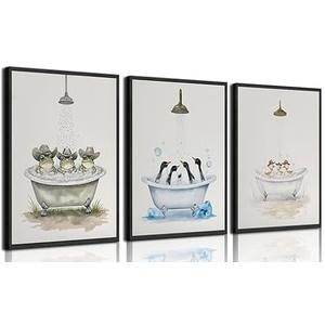 3Pcs Cute Animals Bathroom Canvas Wall Art Penguin Frog duck in Bathtub Wall Decor Prints Funny Animals In The Bathtub Paintings Pictures for Restroom Toilet Washroom Home Decoration 16x24in Unframed