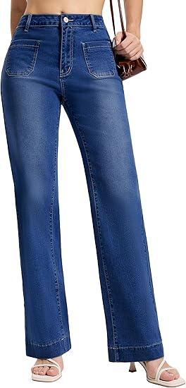 SEVEGO Tall Women's 38" Inseam Wide Leg Jeans High Waisted Stretchy Straight Loose Trendy Denim Pants Pockets, Color: Dark Blue