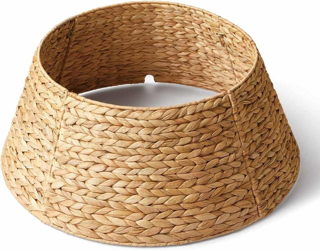 24in Christmas Tree Collar - Woven Hyacinth Tree Collars for Artificial Trees - Rattan Rustic Farmhouse Basket for Tree Base Cover with Cord Cut-Out for 4ft 7.5ft Tree (Natural)
