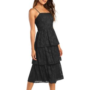 Ferlema Women's 2024 Summer Sleeveless Spaghetti Strap Smocked Tiered Flowy Beach Cocktail Midi Dresses Black Medium