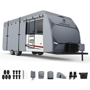 RV Cover, 7 Layers Heavy Duty RV & Trailer Cover, Toy Hauler Cover Fits 14'-16' RV Travel Trailer Camper Cover with Tongue Jack Cover, Extra Windproof Straps, Gutter Covers