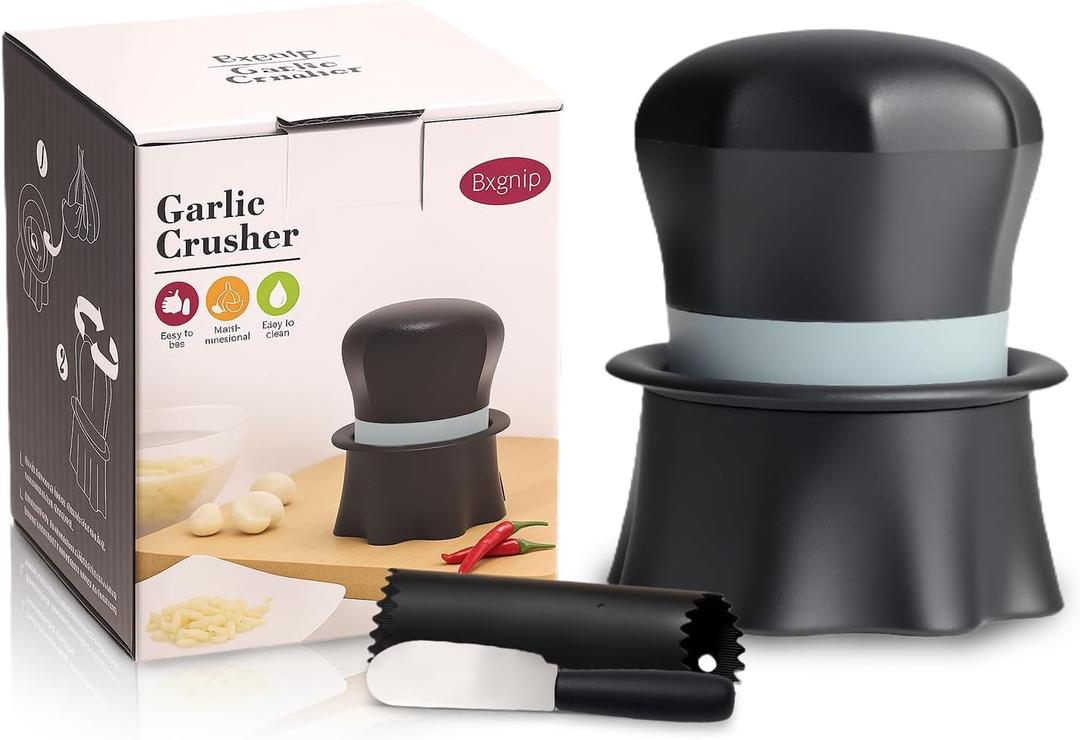 Garlic Crusher, Garlic Press Also for Ginger, Nuts, Chili, Herbs, Twist Mincer Easy Squeeze Manual Press Peeler with Peeler And Scraper, Easy to Clean (Black/White)