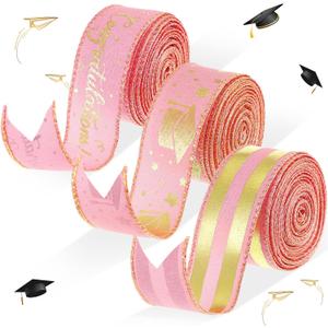 Geosar 3 Roll 2026 Graduation Ribbon 1.5 Inch Graduation Party Favors Congrats Grad Ribbon Bronzing Wired Edge Ribbons with Cap Star Stripes Gold Decoration Craft Supplies (Pink and Gold)