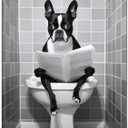 Funny Bathroom Dog Wall Art Black and White Animal Pictures Print Boston Terrier in Toilet Reading Newspaper Poster Artwork Decor 12x16in Unframed for Bathroom Restroom Home