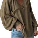 BTFBM Womens Fall Fashion 2025 Long Sleeve Shirts Casual V Neck Ribbed Knit Blouses Pullover Trendy Loose Fit Tunic Tops (Green, XL)